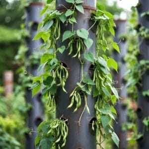 Green beans growing on a vertical hydroponic tower