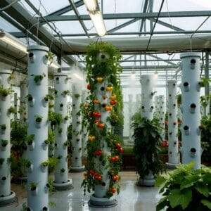 Tomatoes growing on a vertical hydroponic tower