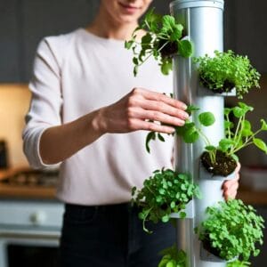Growing herbs in a vertical hydroponic tower