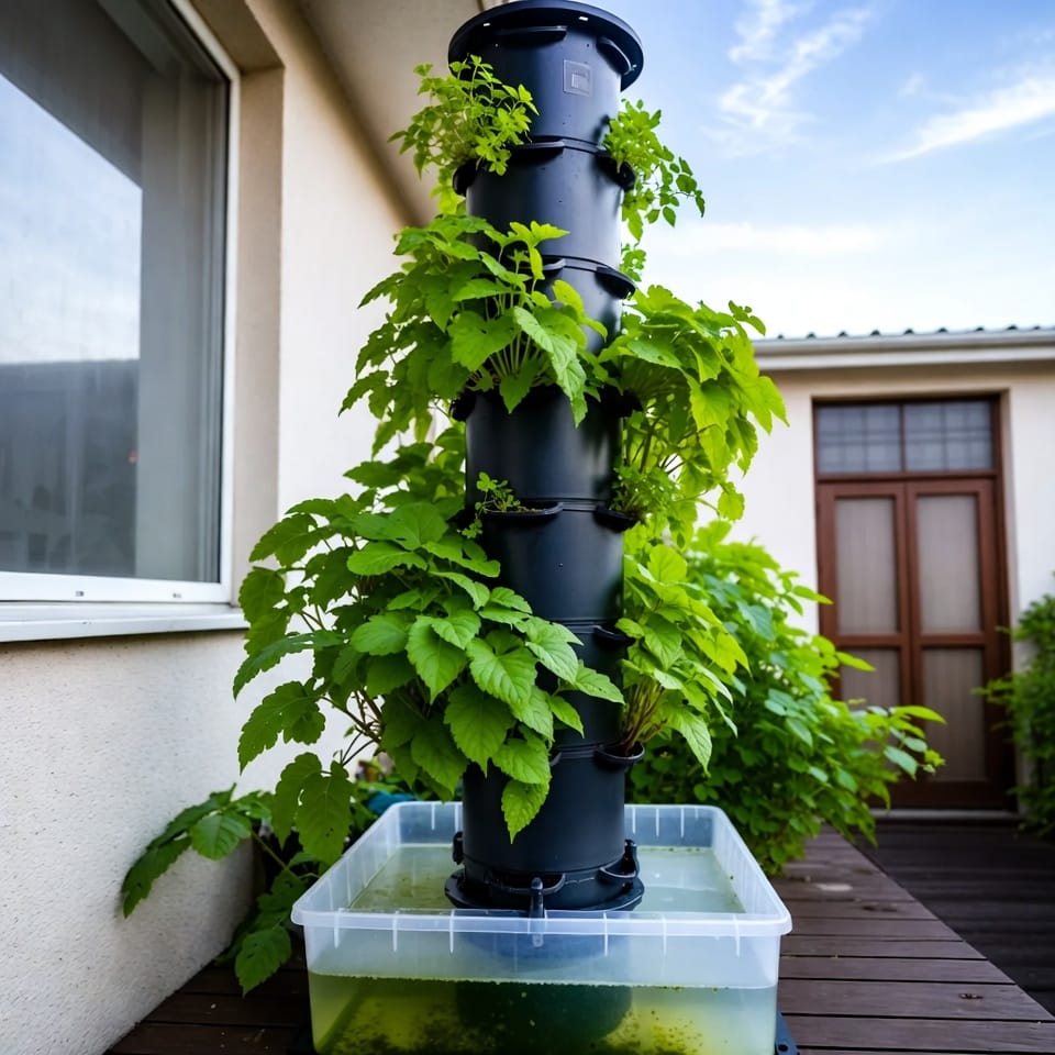 Decorative plants growing on a vertical hydroponic tower