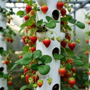 Strawberries growing on a vertical hydroponic tower