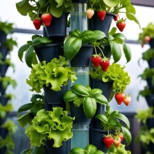 Fruit and veggies growing on a vertical hydroponic tower