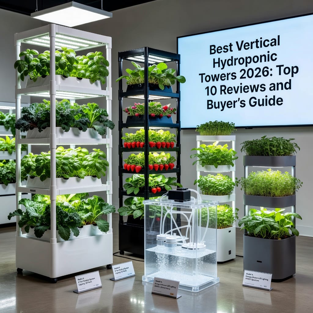 Vertical hydroponic towers growing fresh herbs and vegetables indoors.
