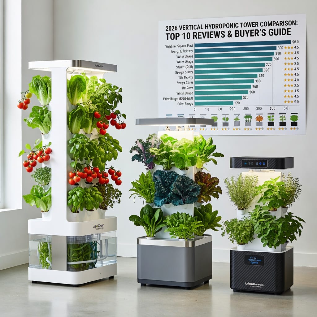 Vertical hydroponic towers growing herbs and veggies indoors