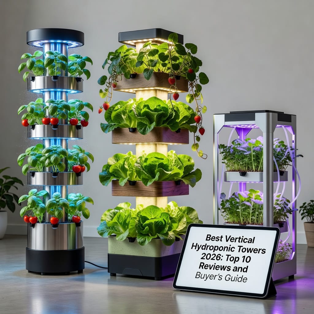 Vertical hydroponic towers growing fresh herbs and vegetables in compact indoor spaces.