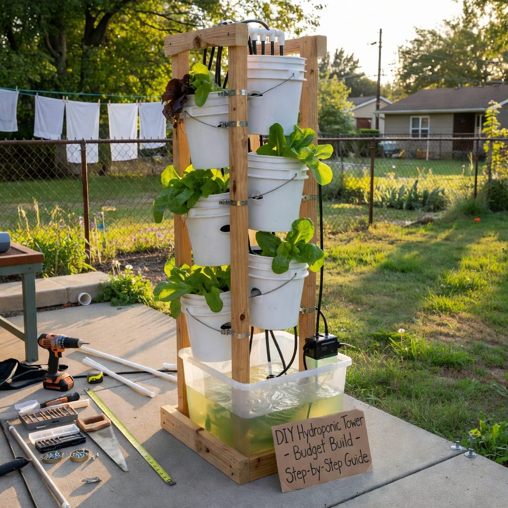 DIY vertical hydroponic tower with fresh herbs growing in a budget setup