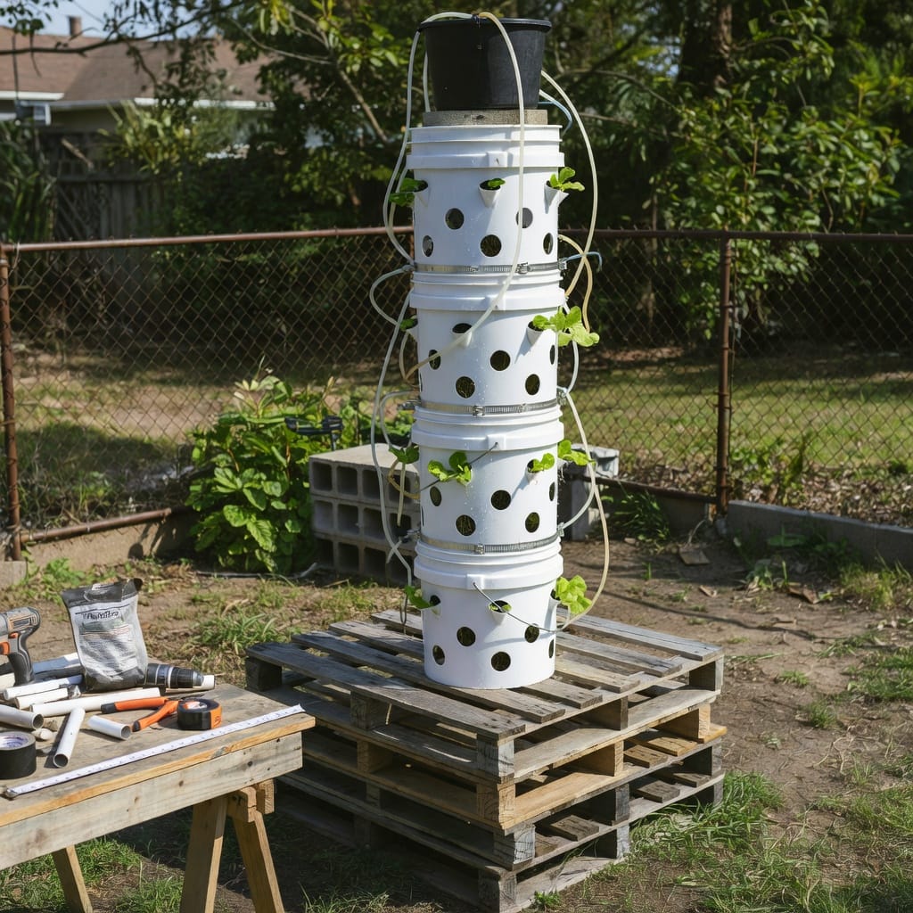 DIY vertical hydroponic tower growing fresh herbs in a compact indoor setup