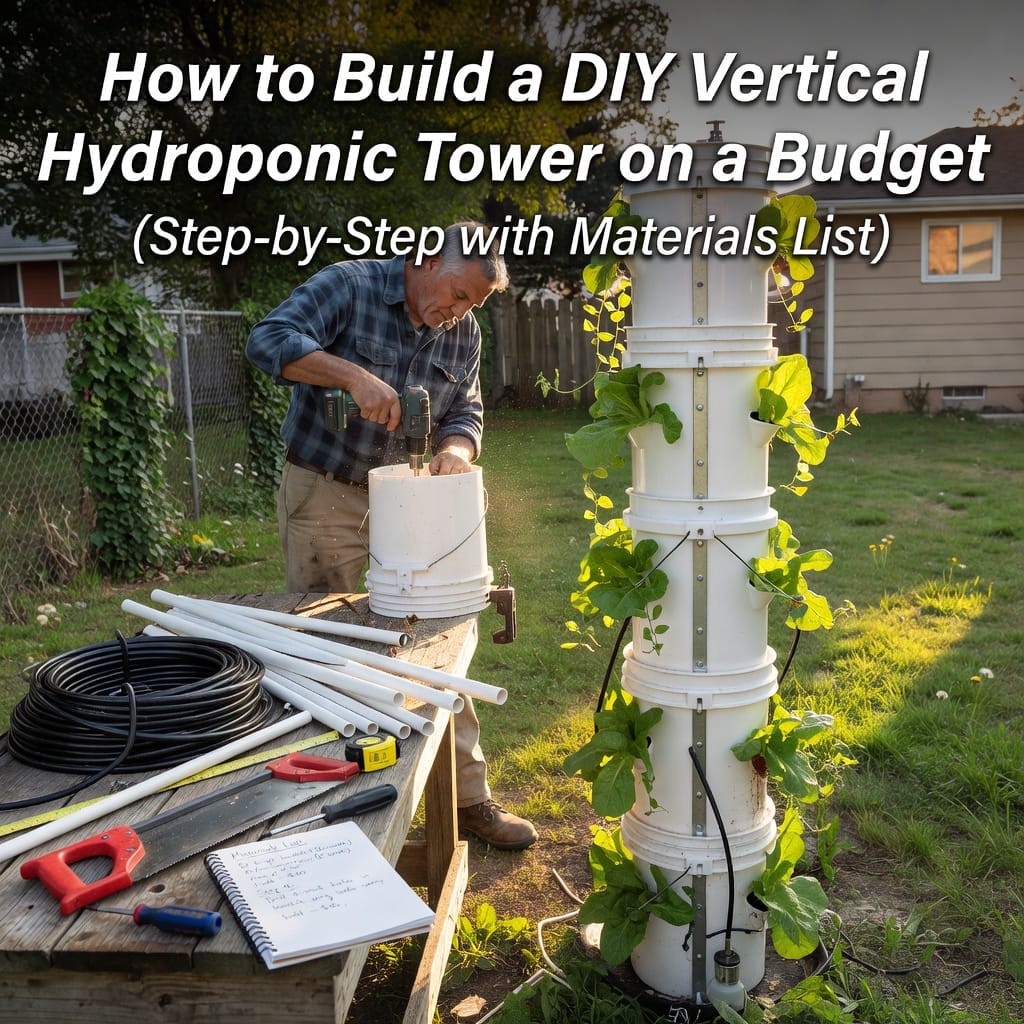 DIY vertical hydroponic tower with growing herbs in stacked containers