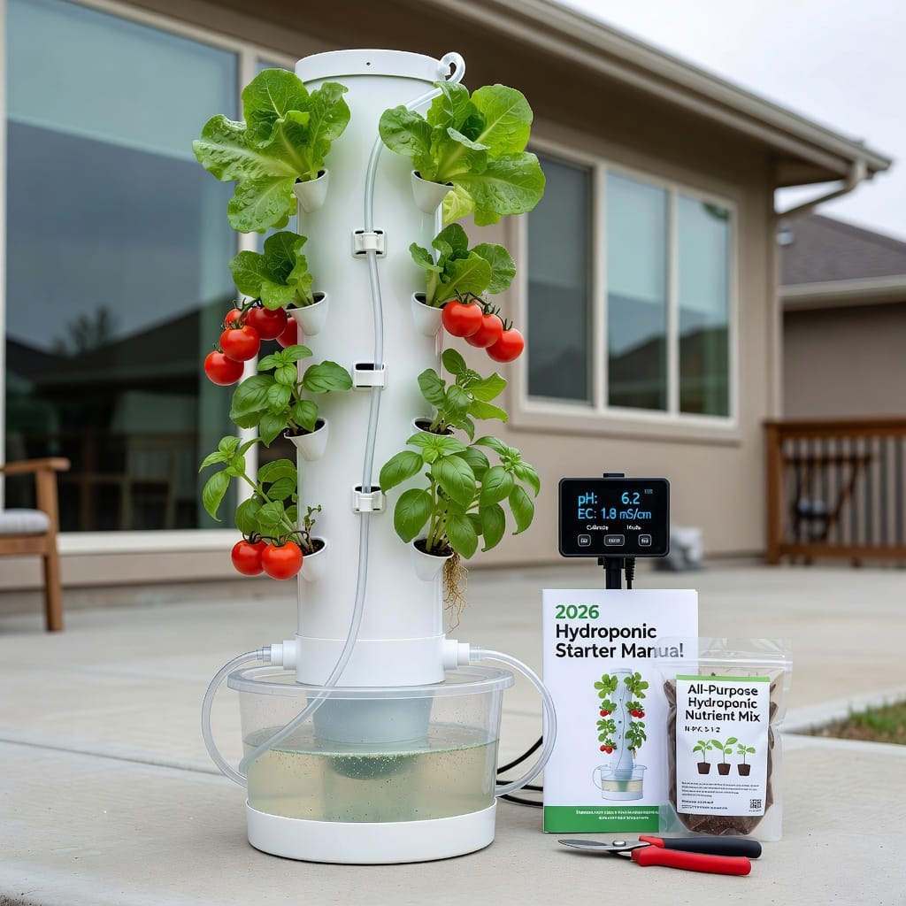 Hydroponic tower with leafy greens and herbs for beginner growing