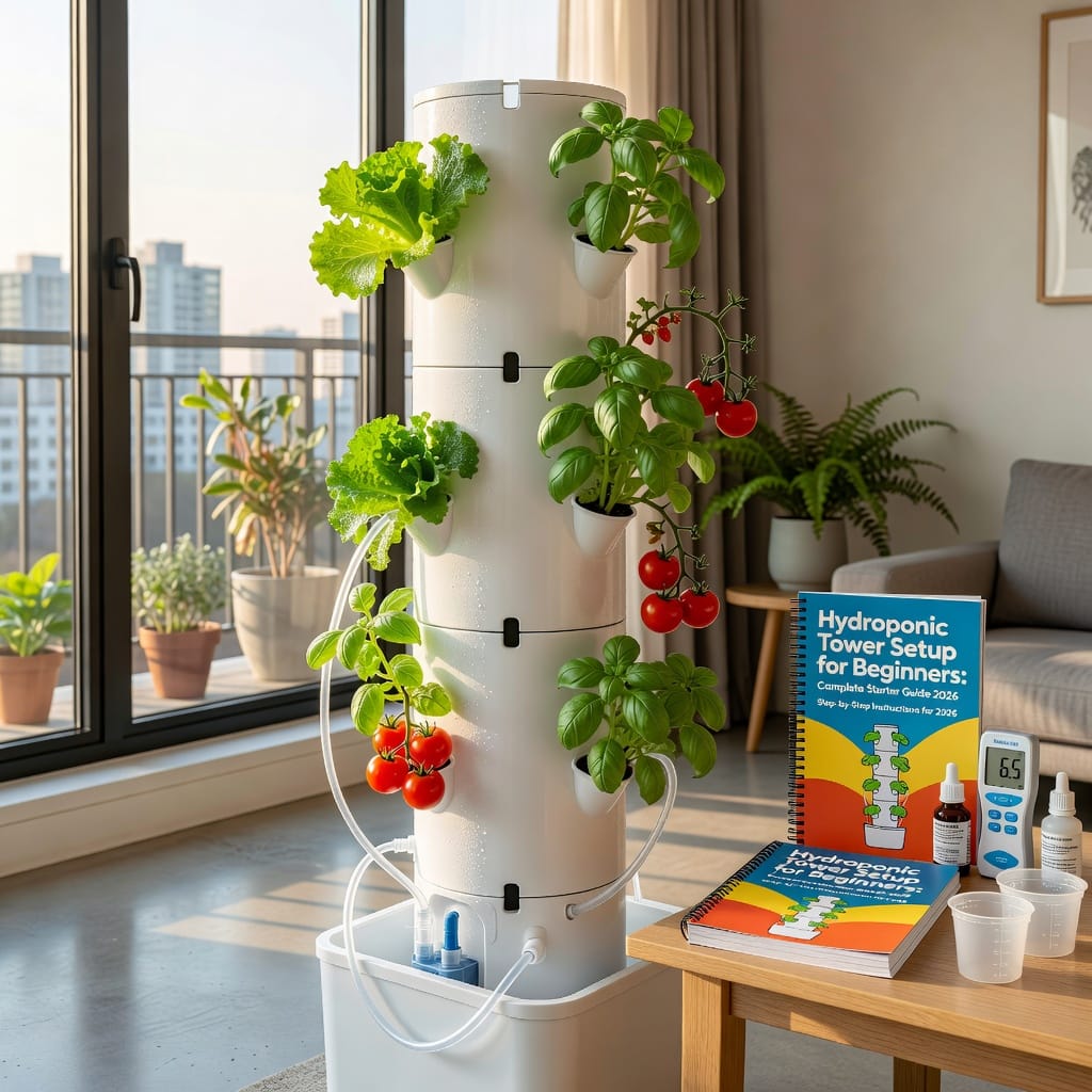 Hydroponic tower growing fresh herbs and greens for beginner setup guide.