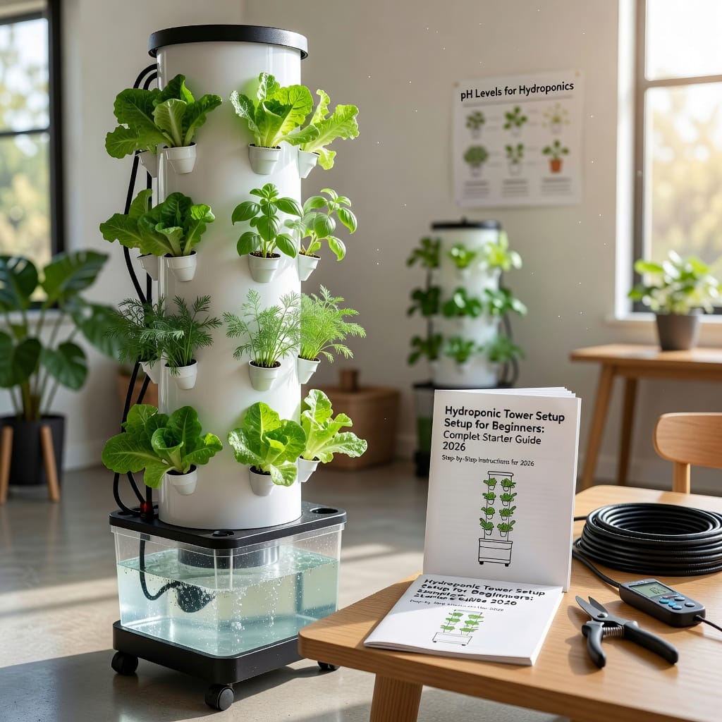 Hydroponic tower setup growing fresh herbs and greens for beginners