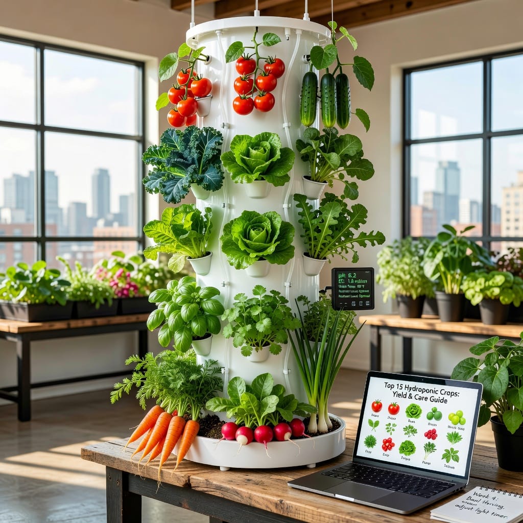 Hydroponic tower with leafy greens and herbs growing in vertical layers.