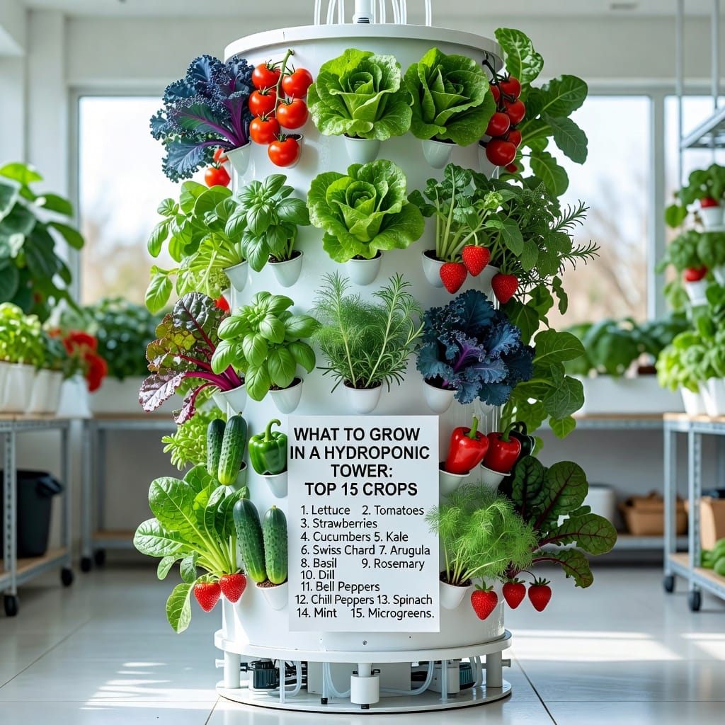 Vertical hydroponic tower filled with leafy greens and herbs for high yields