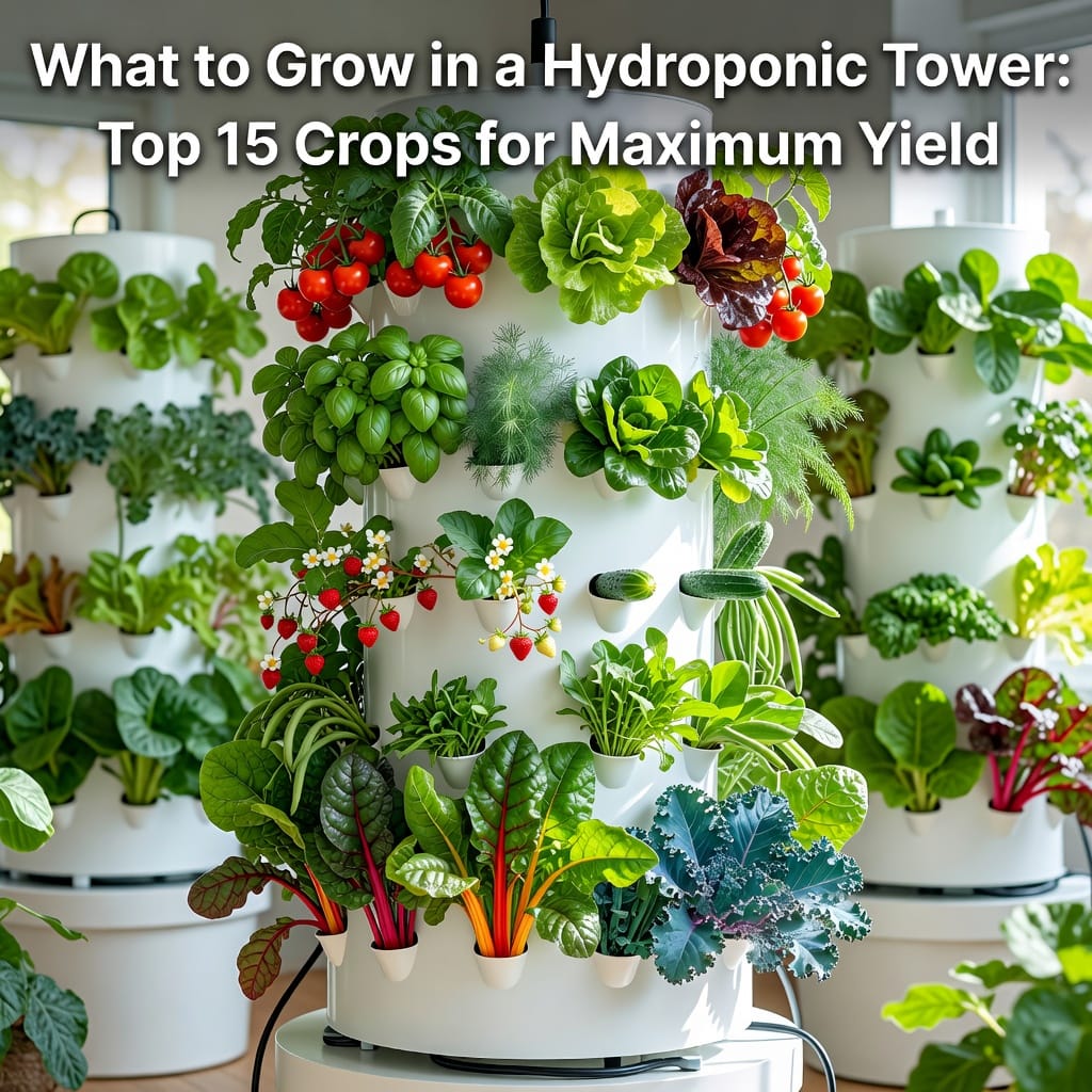 Hydroponic tower with vertical rows of leafy greens, herbs, and vegetables growing.